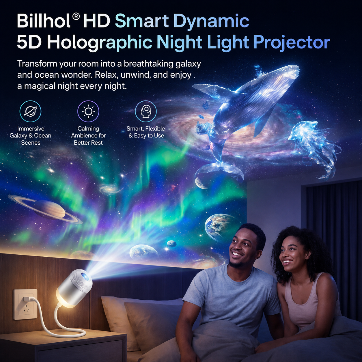Billhol® Night Light Star Projector – Smart Holographic Galaxy Lamp for Bedroom, Kids & Relaxing Ambient Lighting