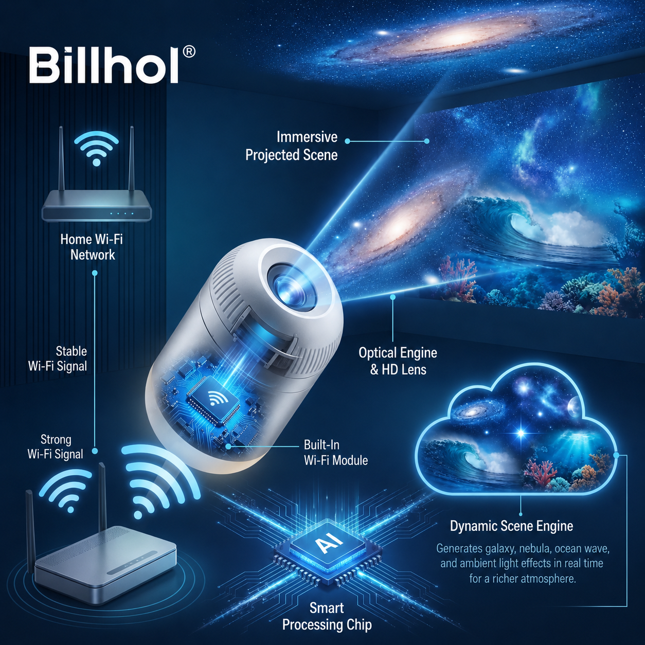 Billhol® Night Light Star Projector – Smart Holographic Galaxy Lamp for Bedroom, Kids & Relaxing Ambient Lighting